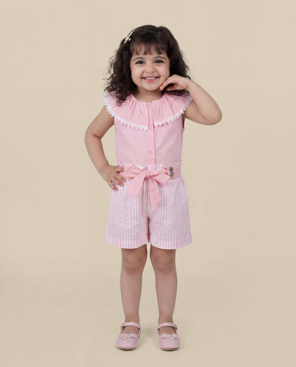 Pink inside out collar top with stripe shorts SS26 -(07)