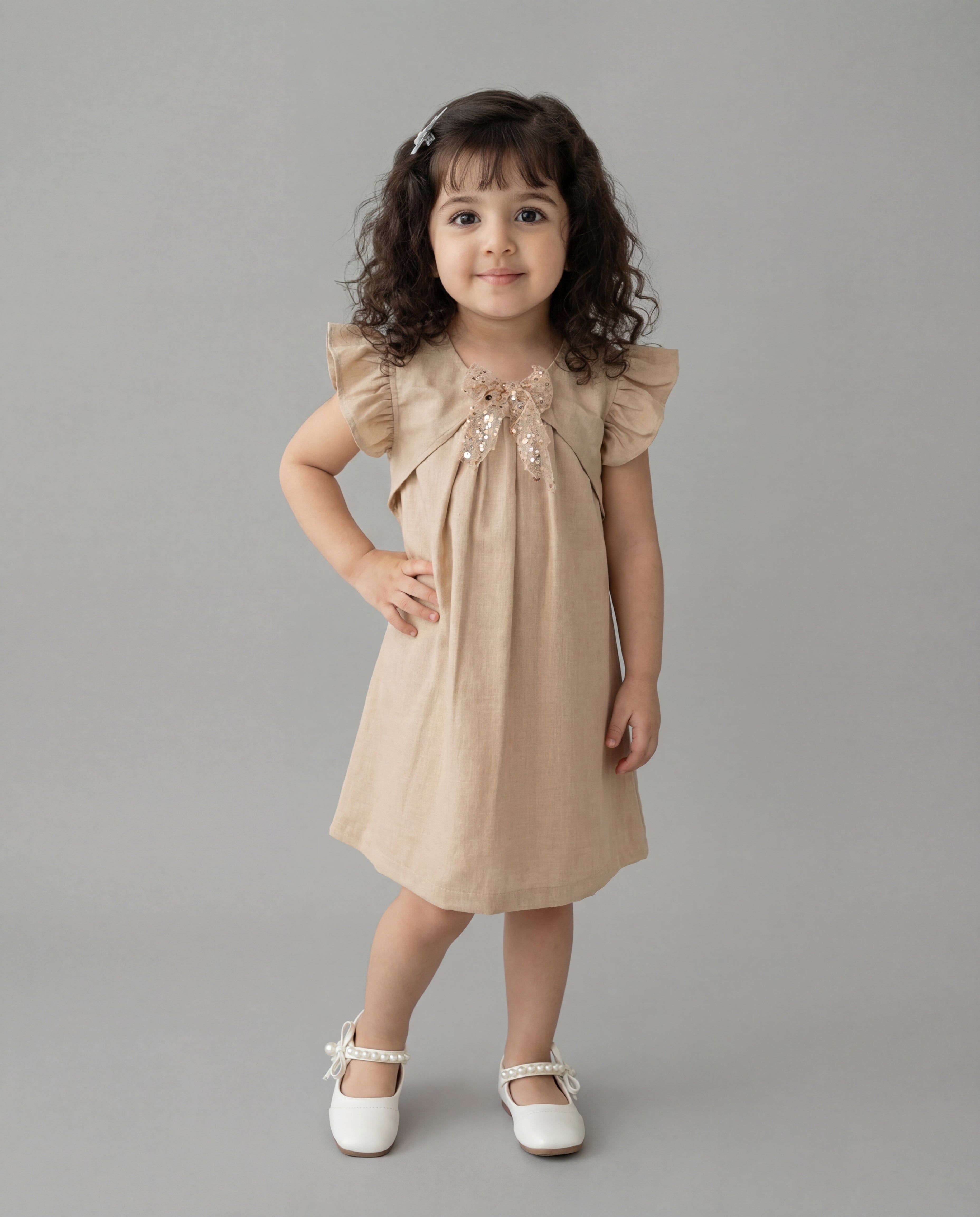 Biege Cotton linen Dress with fancy bow
