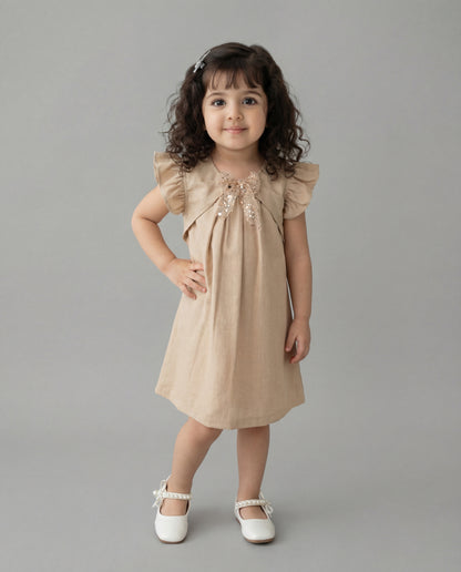 Biege Cotton Dress with fancy bow