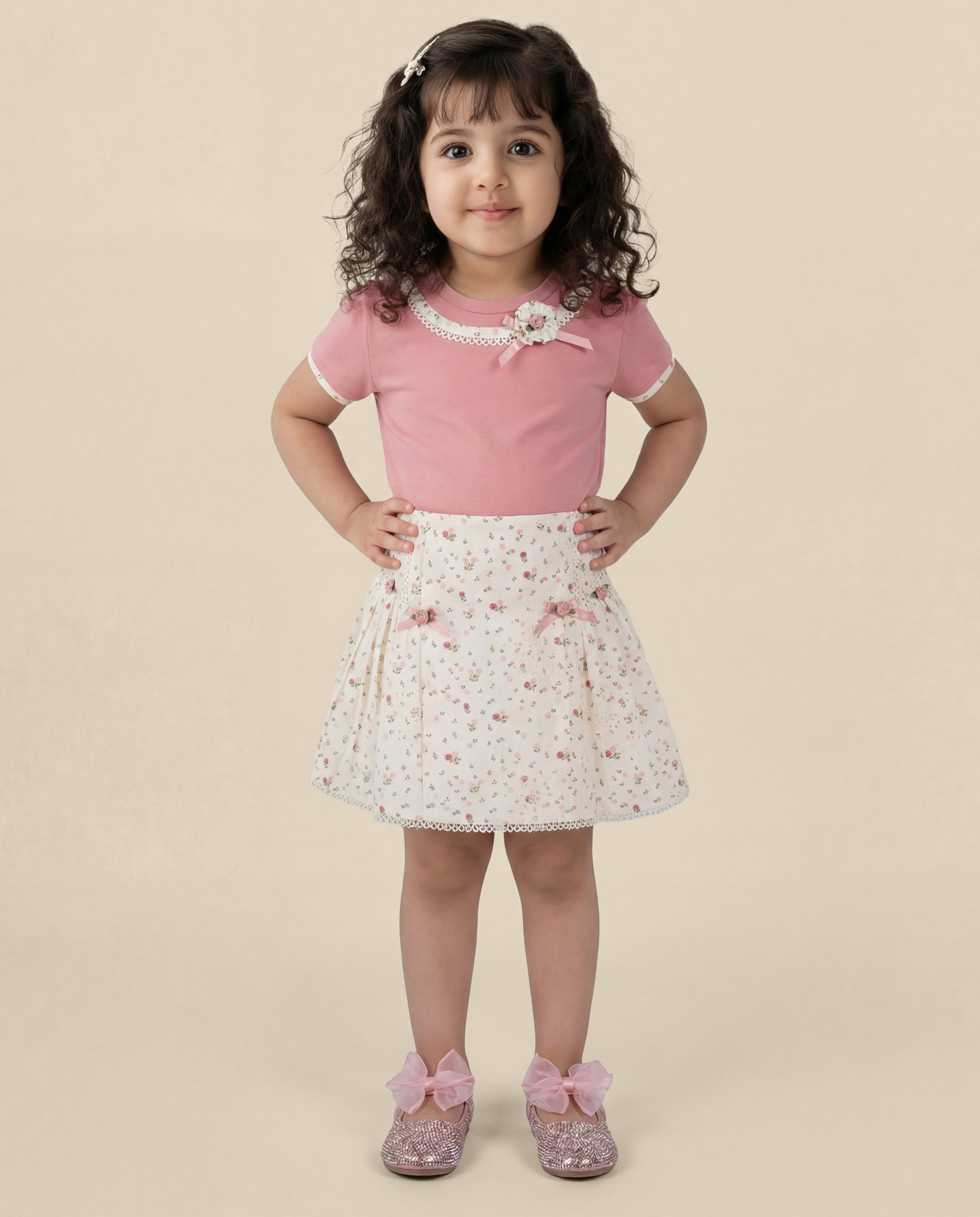 Peach top with small floral printed skirt