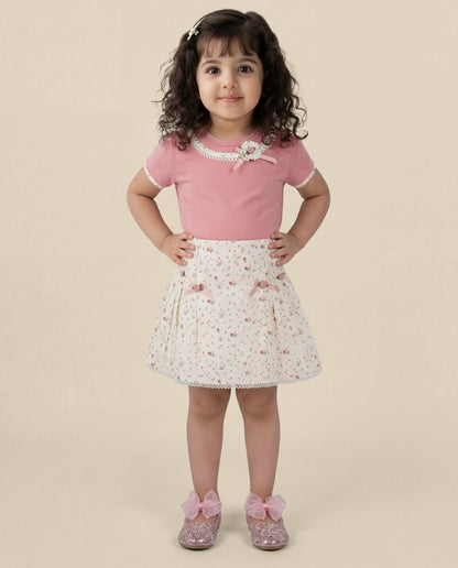 Peach top with small floral printed skirt SS26 (#017)