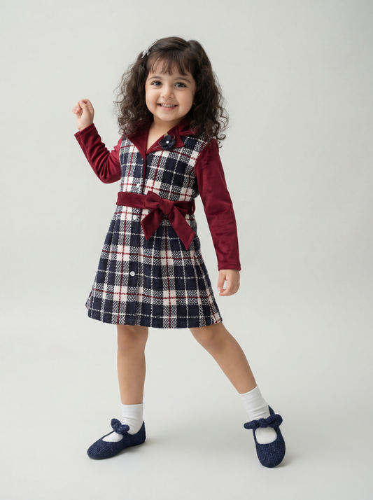 Maroon and navy check dress (043)