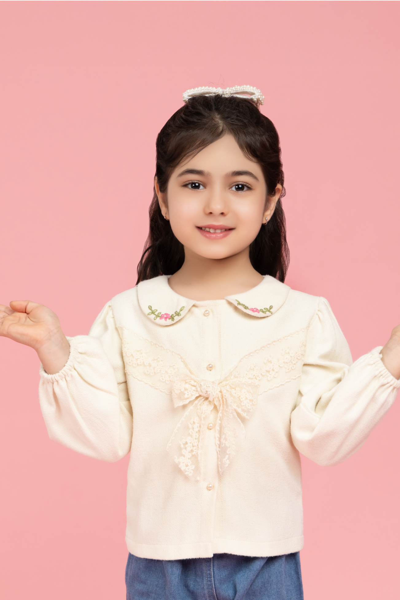 Formal cream embroidered top with lace bow