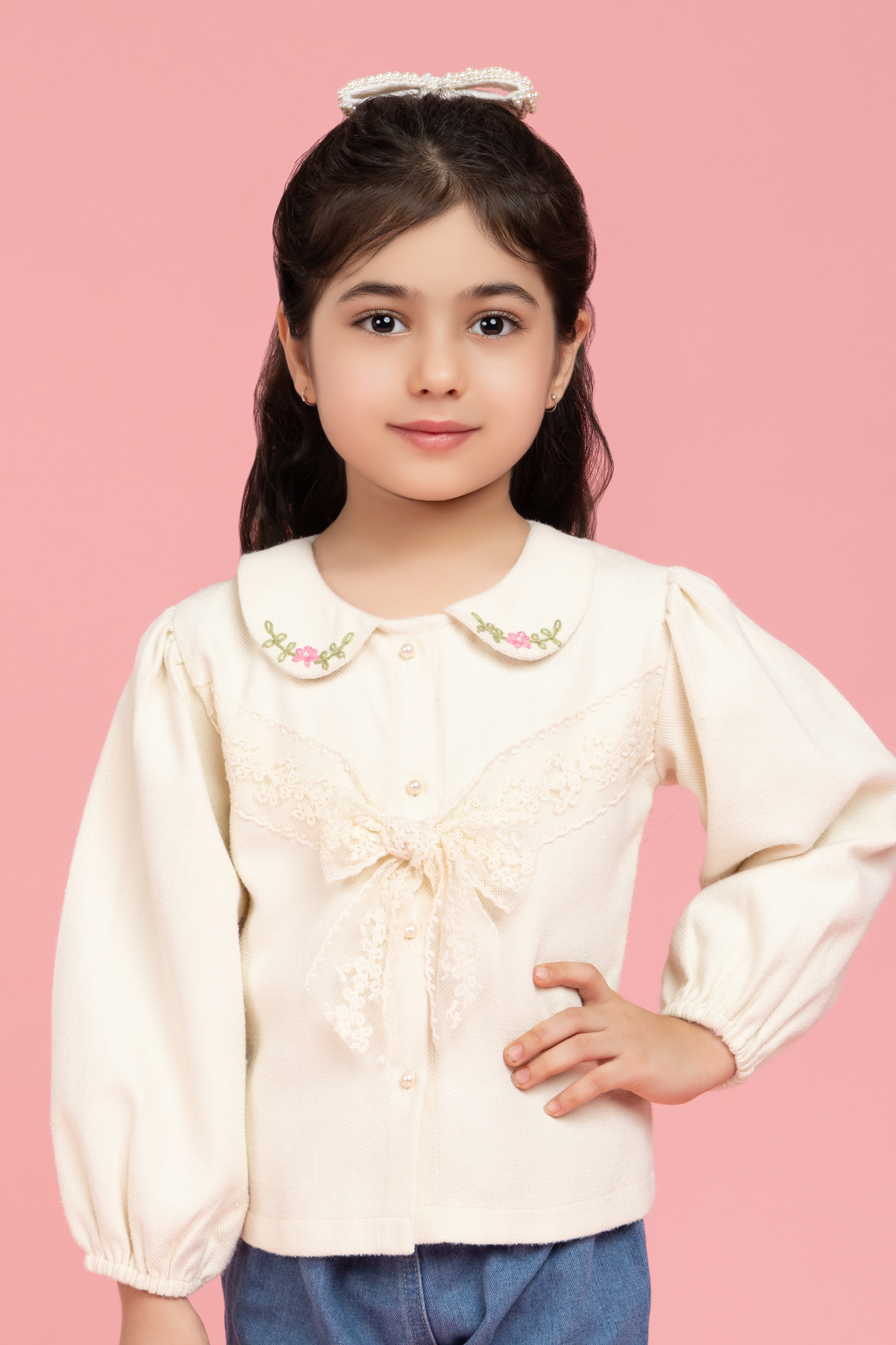 Formal cream embroidered top with lace bow
