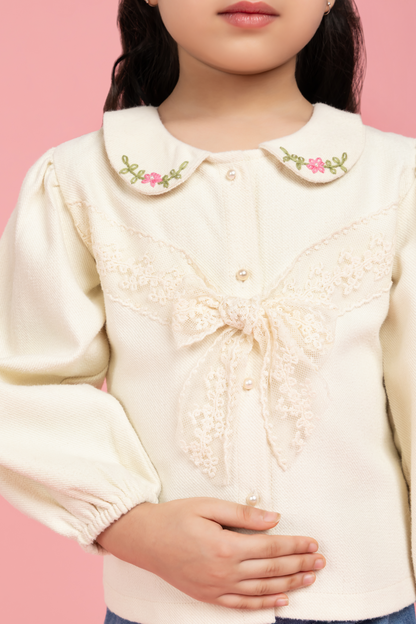 Formal cream embroidered top with lace bow