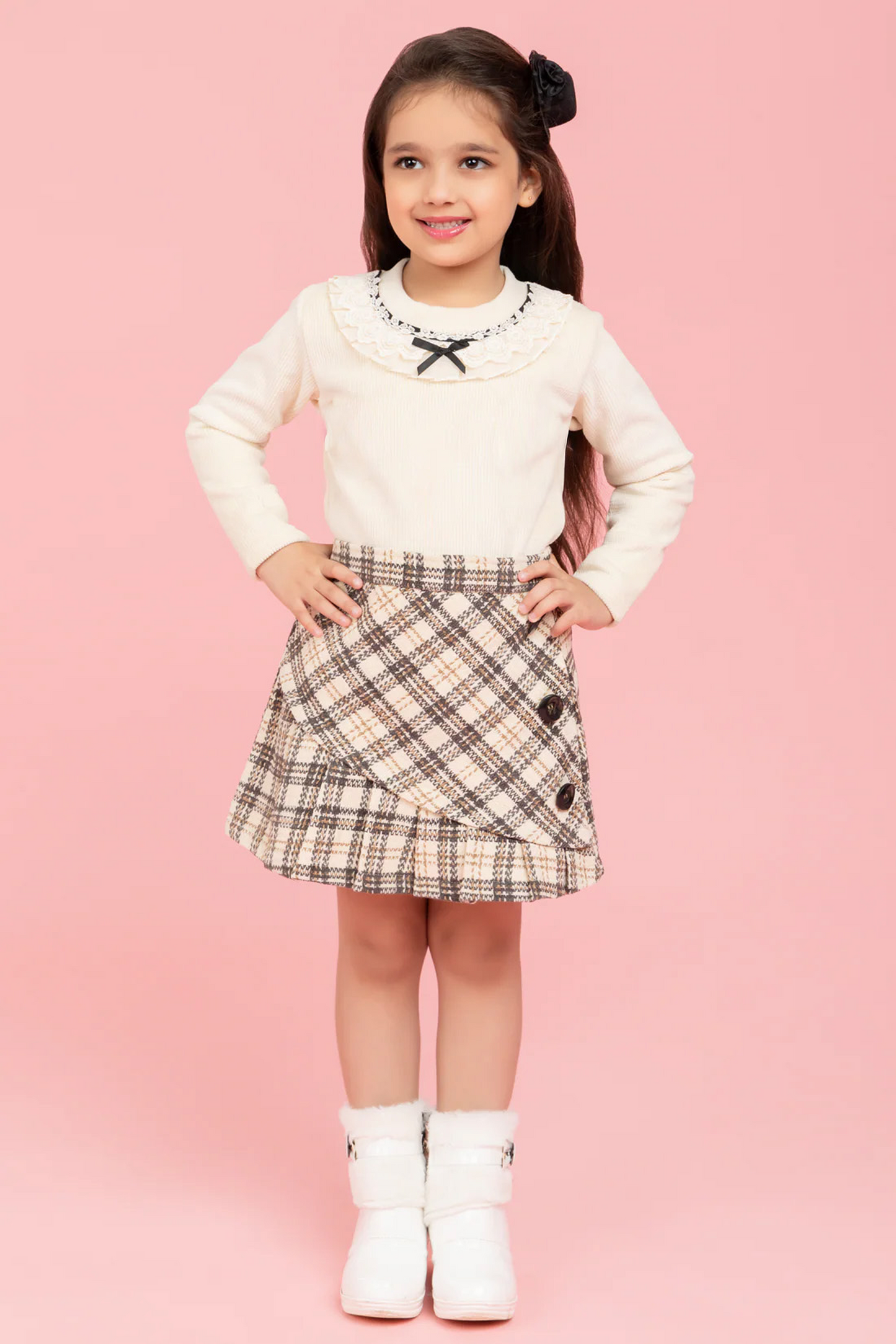Cream top with fancy collar and checkered skirt