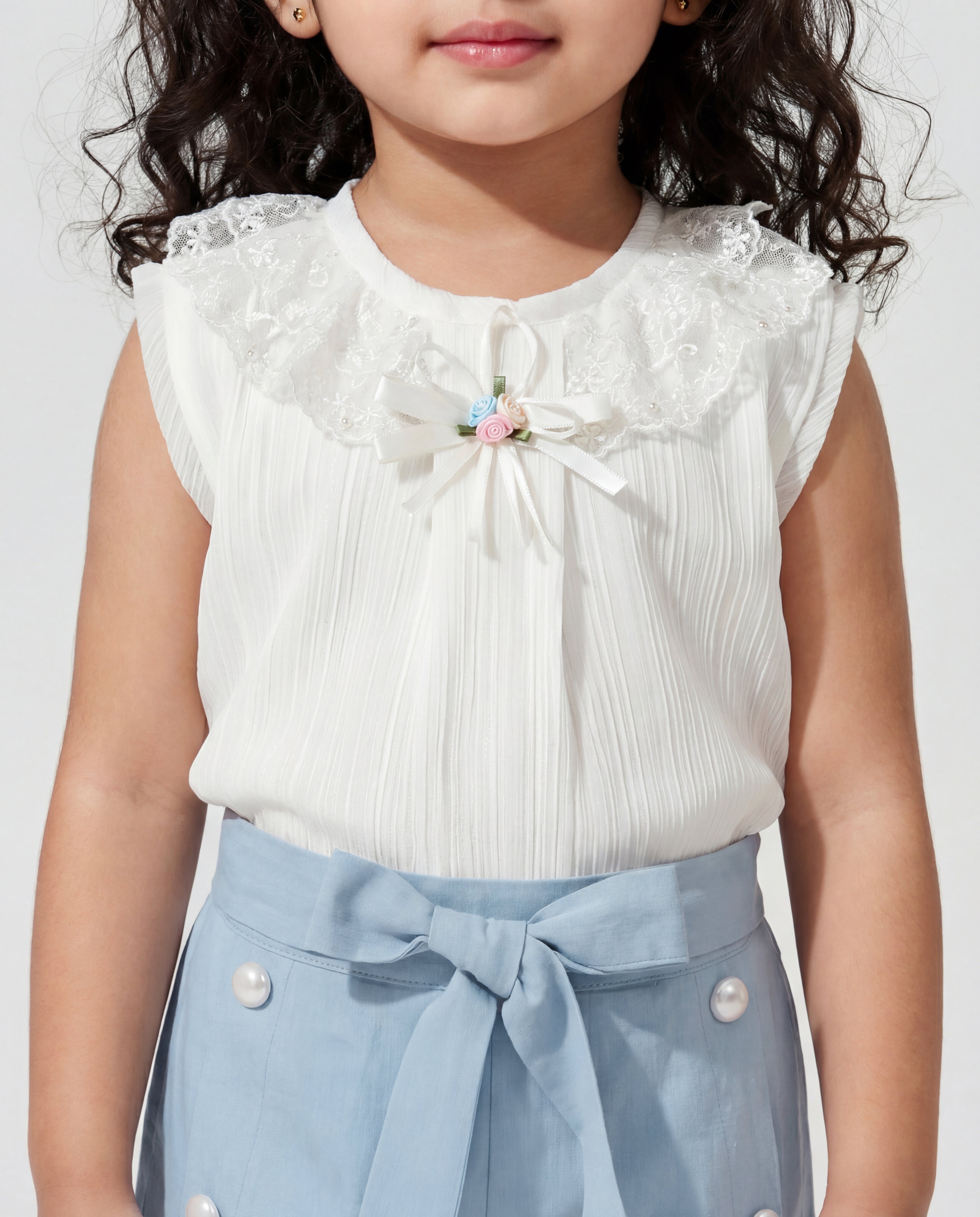 Cream fancy top with Cotton Denim Shorts