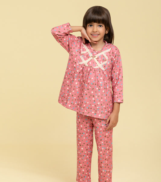 Polka dot nightsuit with lace detail