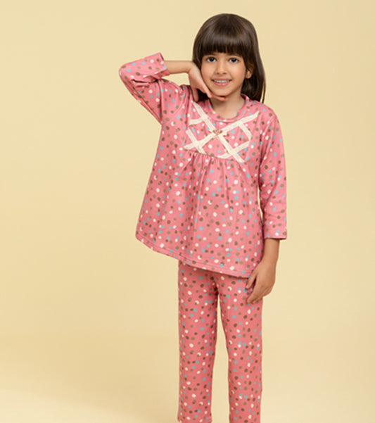 Polka dot nightsuit with lace detail
