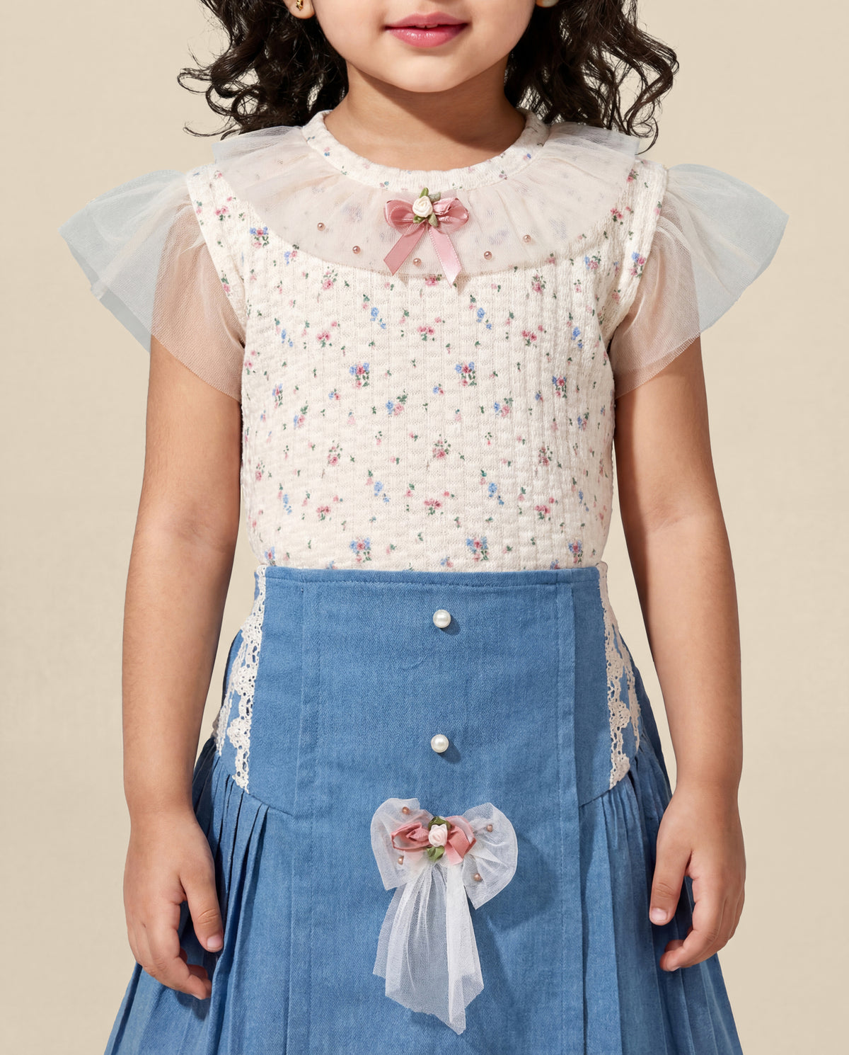 Butter floral printed top and denim skirt with lace