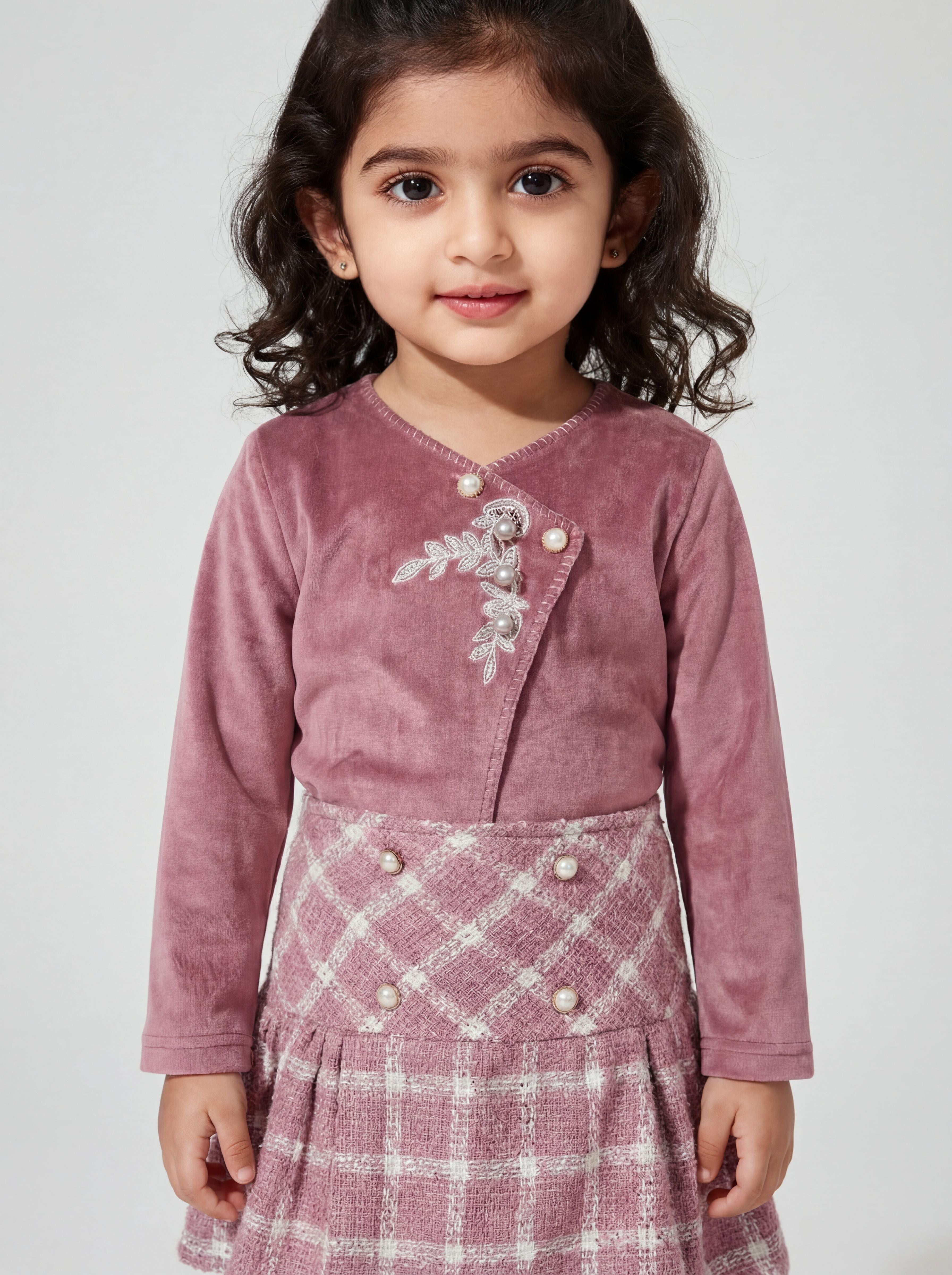 Purple super soft top with checkered skirt