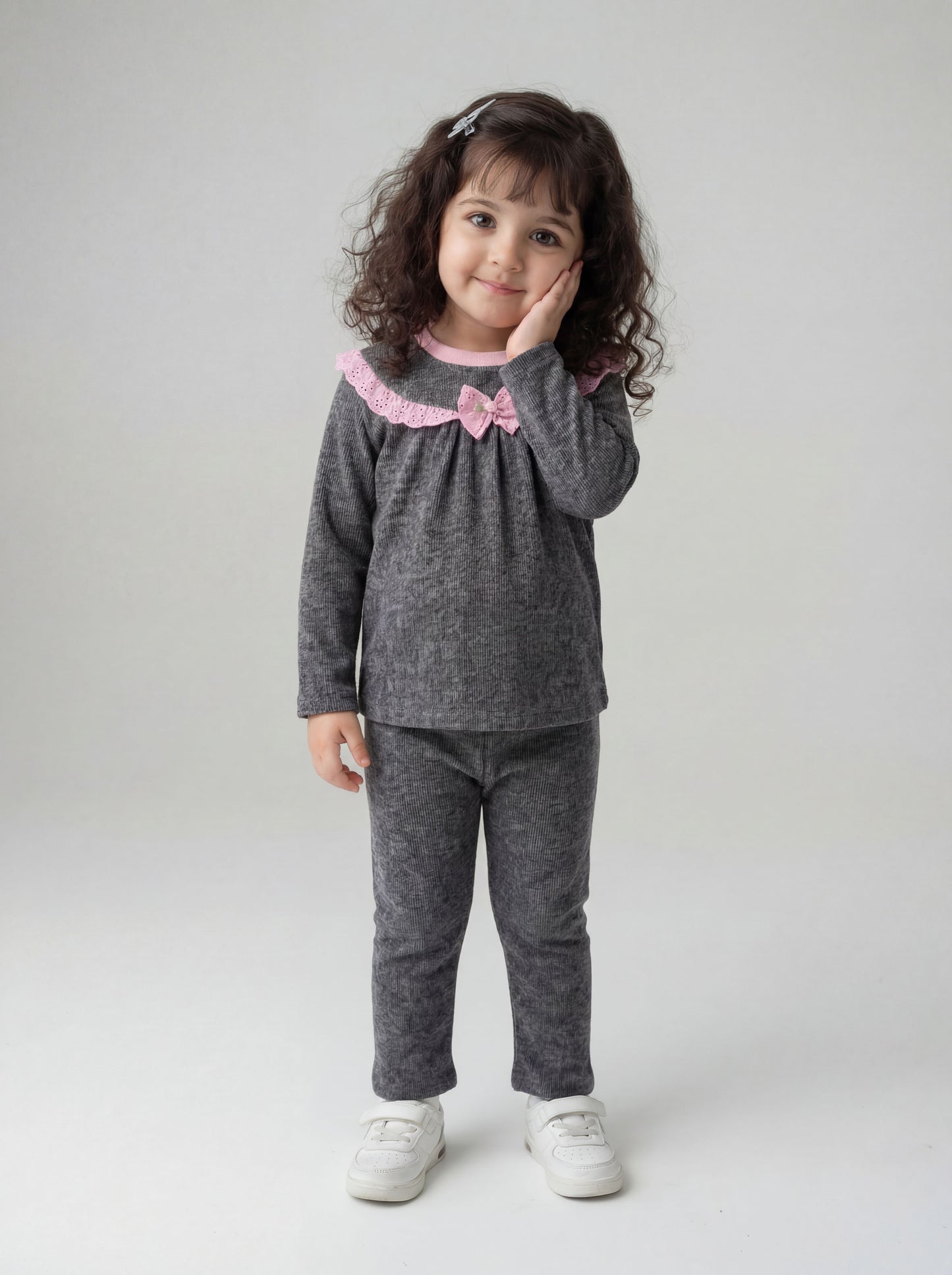 Grey nightsuit with pink lace detail- 038