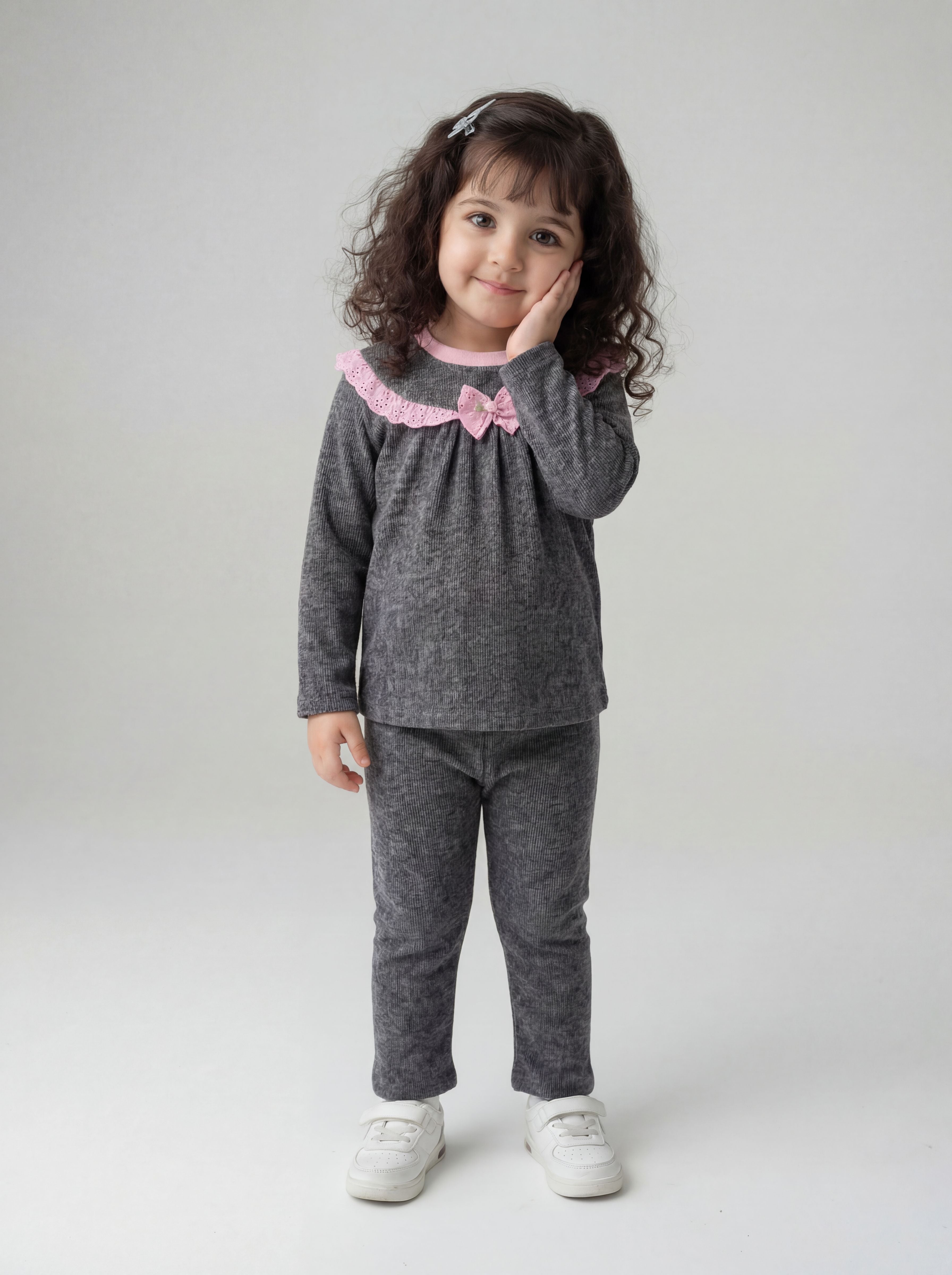 Grey nightsuit with pink lace detail- 038