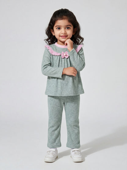 Green nightsuit with pink lace detail- 037