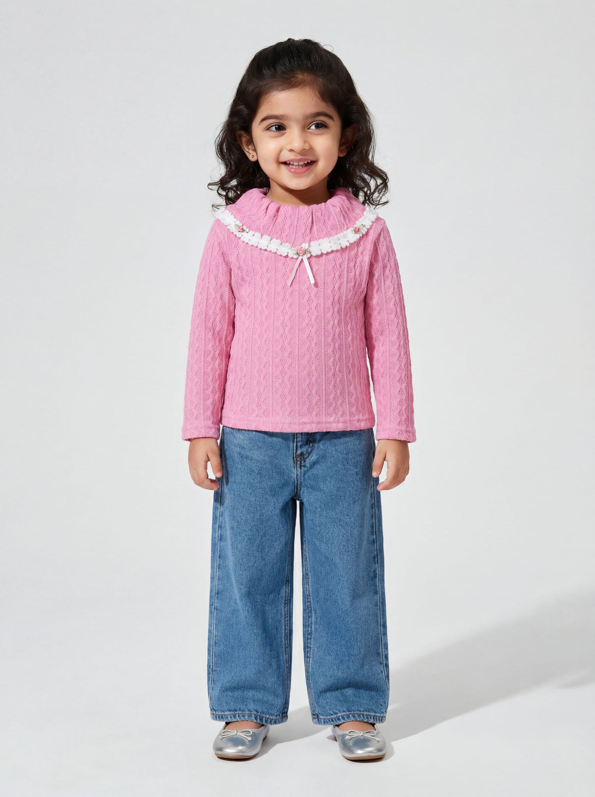 Pink woollen top with lace detailing