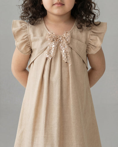 Biege Cotton Dress with fancy bow