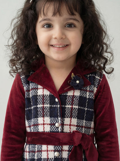 Maroon and navy check dress (043)