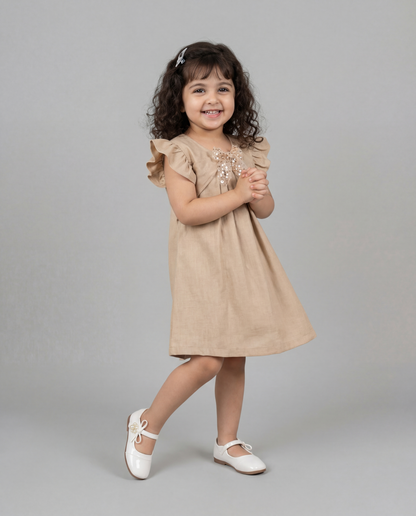 Biege Cotton Dress with fancy bow