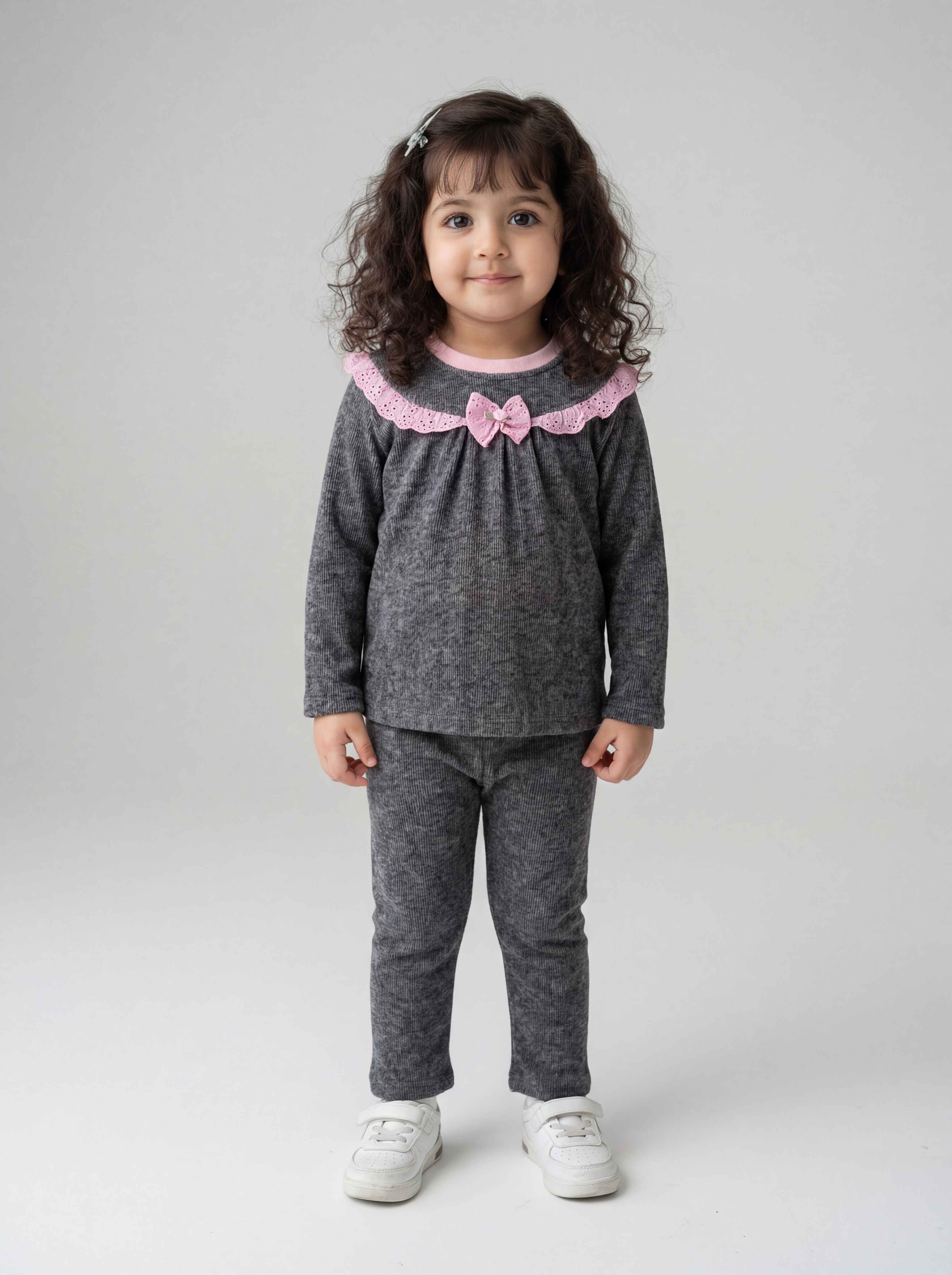 Grey nightsuit with pink lace detail- 038