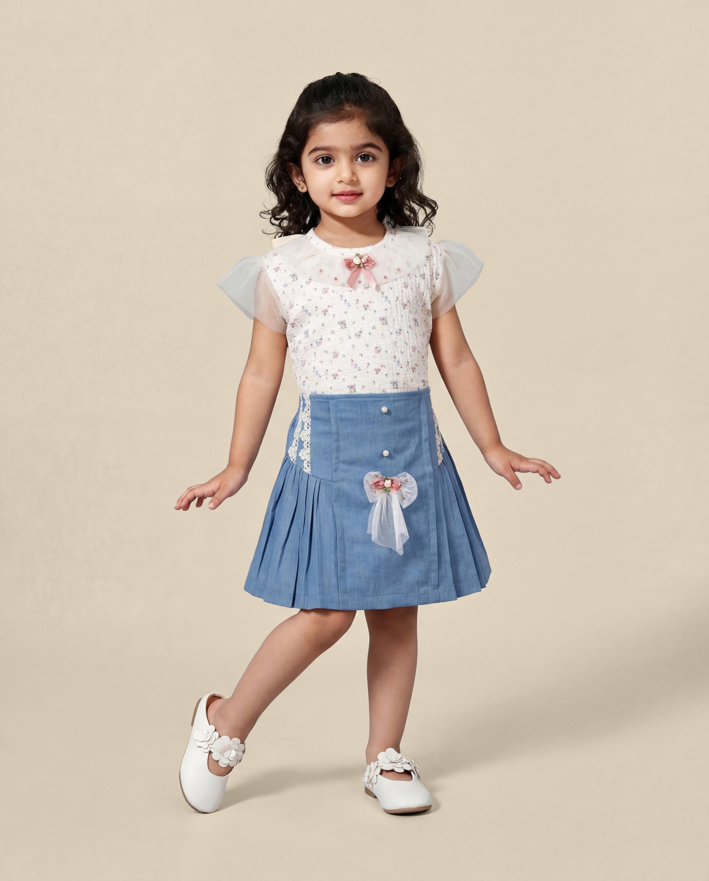 Butter floral printed top and denim skirt with lace SS26 (#015)