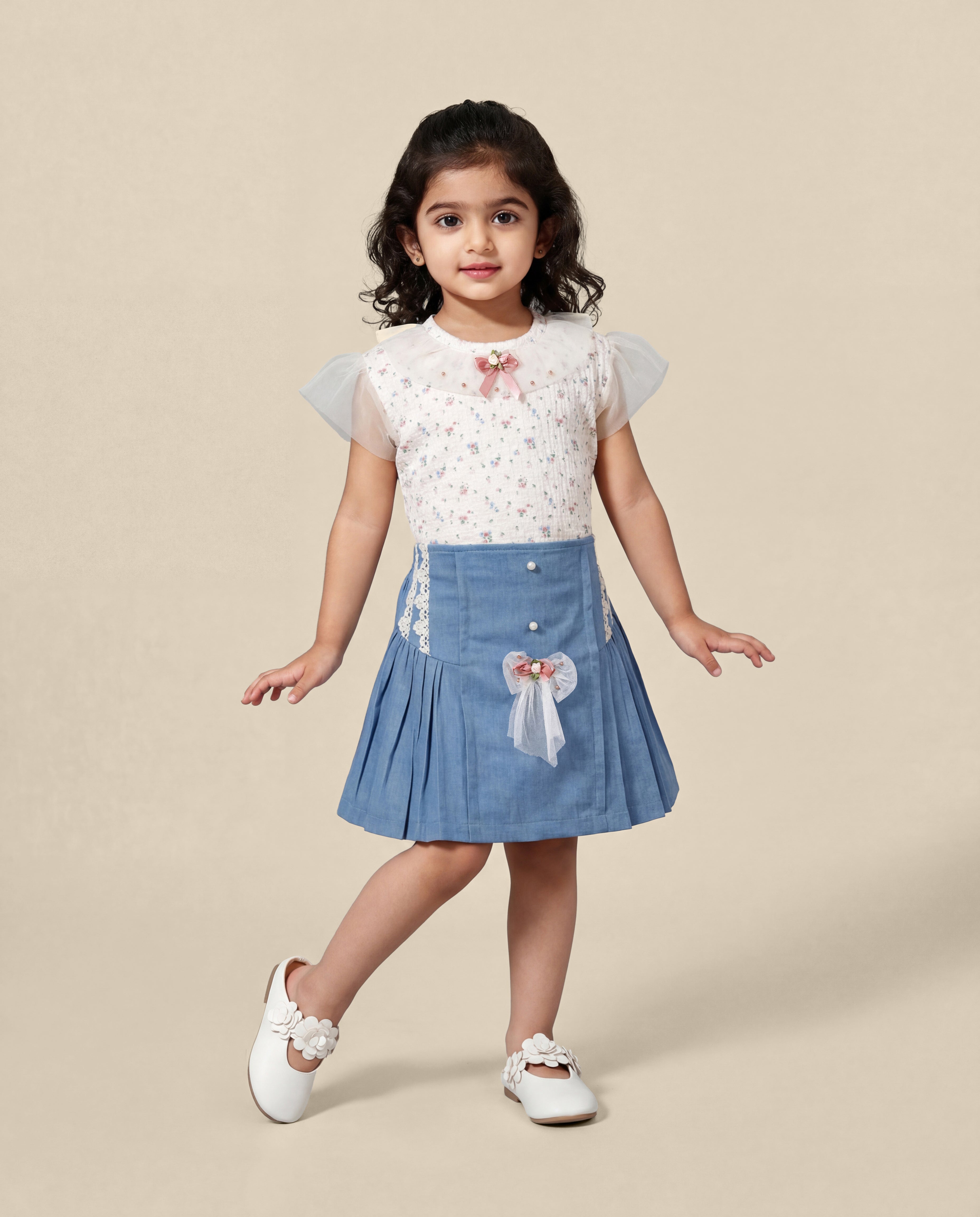 Butter floral printed top and denim skirt with lace