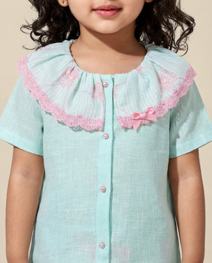 Mint green linen co-ord set with fancy lace