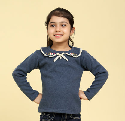 Navy top with embroidered collar