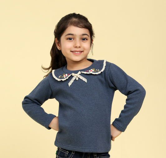 Navy top with embroidered collar