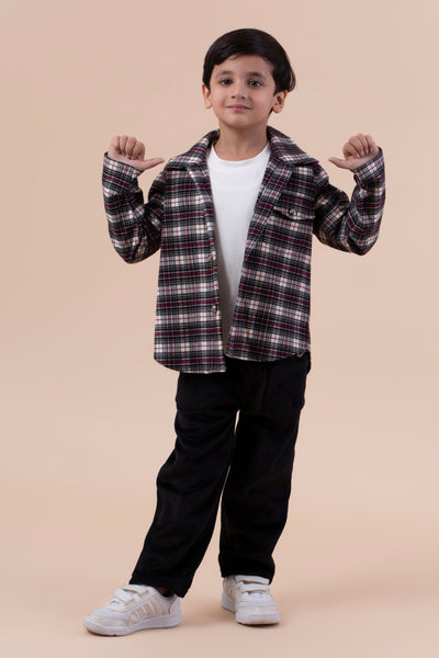 Maroon and Cream check oversized shirt with black pants