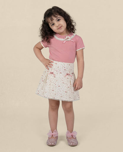 Peach top with small floral printed skirt SS26 (#017)