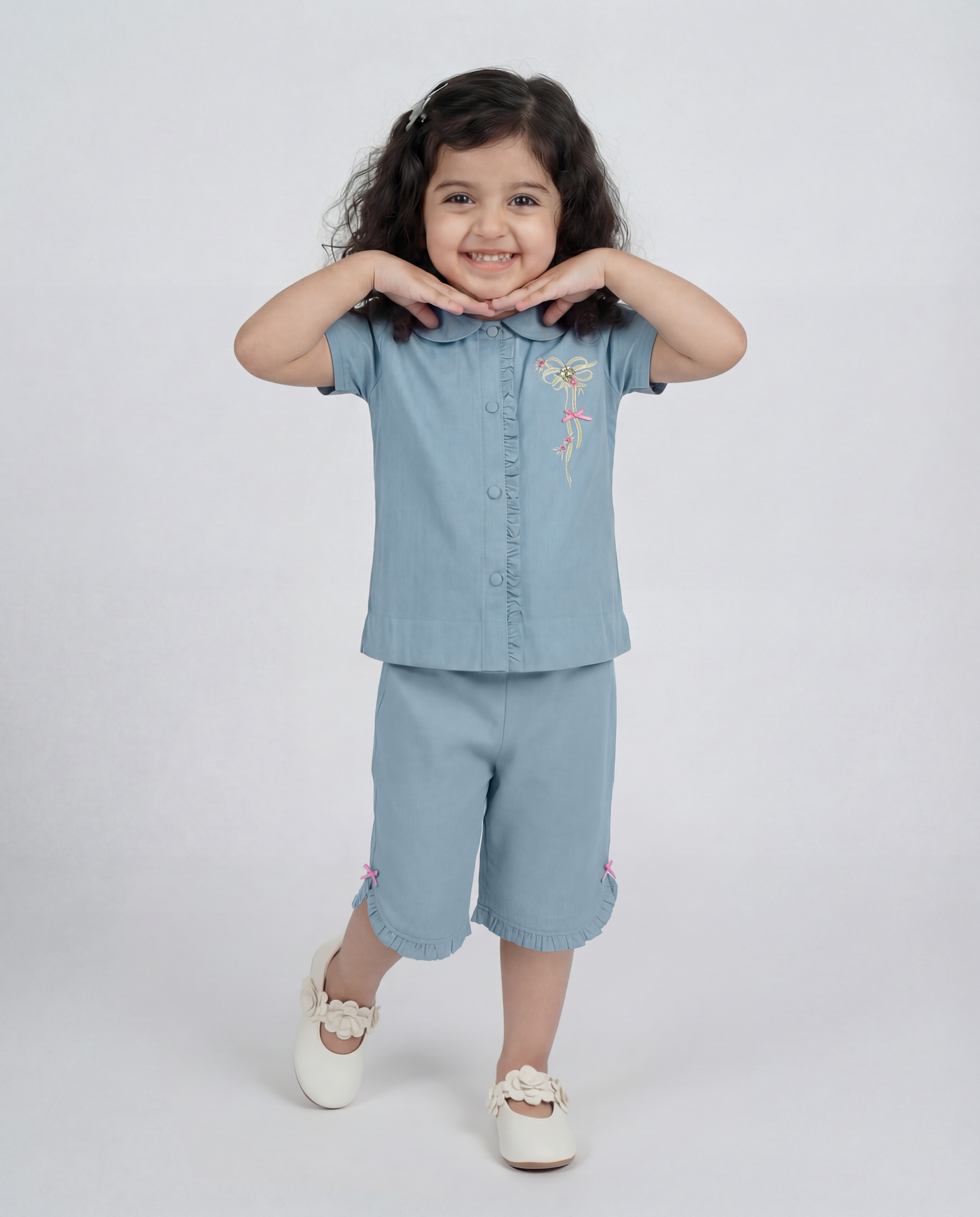 Denim co-ord with bow print detailing