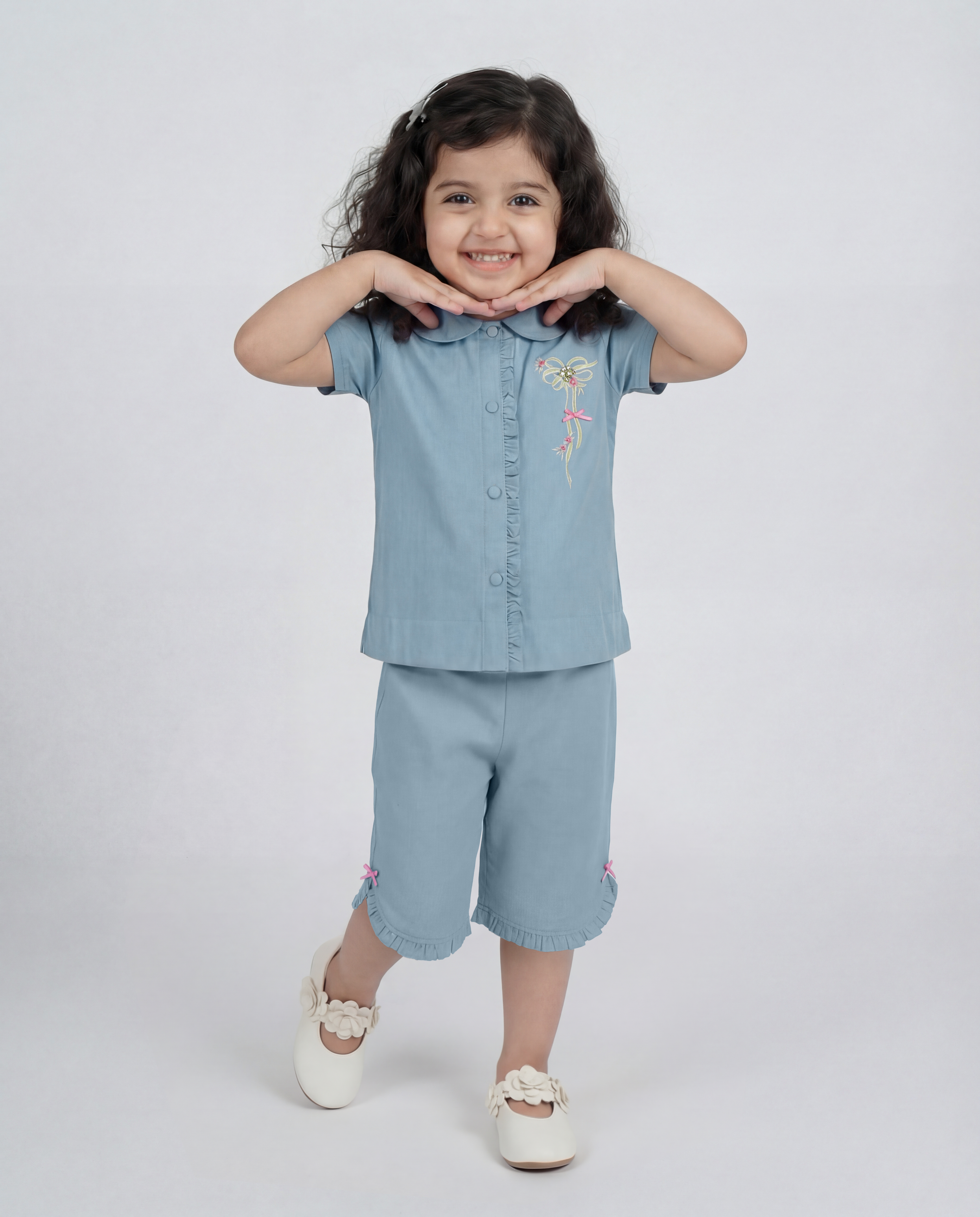 Denim co-ord with bow print detailing