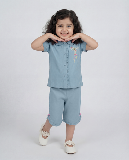 Denim co-ord with bow print detailing