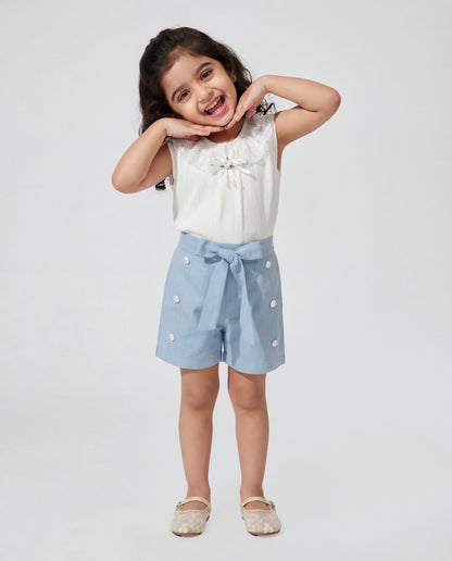 Cream fancy top with Cotton Denim Shorts