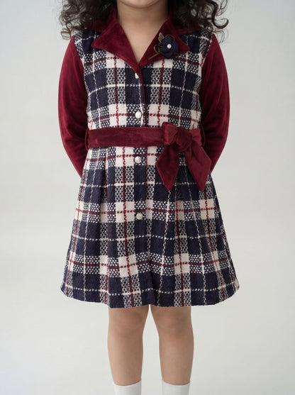 Maroon and navy check dress (043)