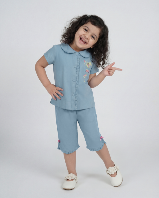 Denim co-ord with bow print detailing