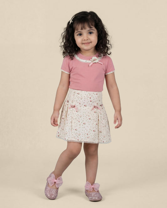 Pink top with small floral printed skirt SS26 (#017)