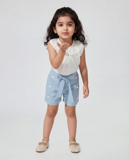Cream fancy top with Cotton Denim Shorts