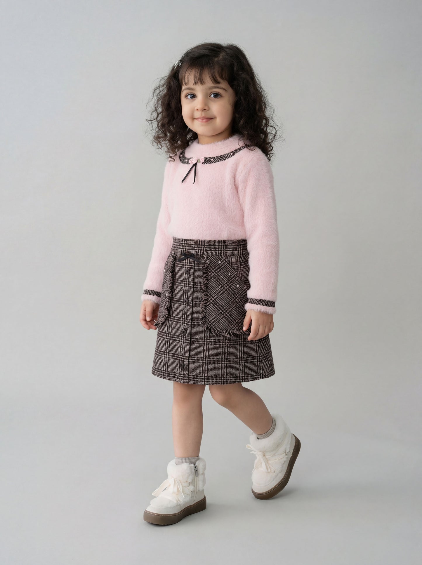 Cosy pink top with brown checkered skirt (047)