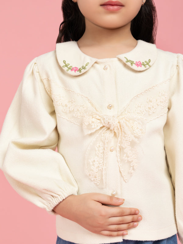 Formal cream embroidered top with lace bow