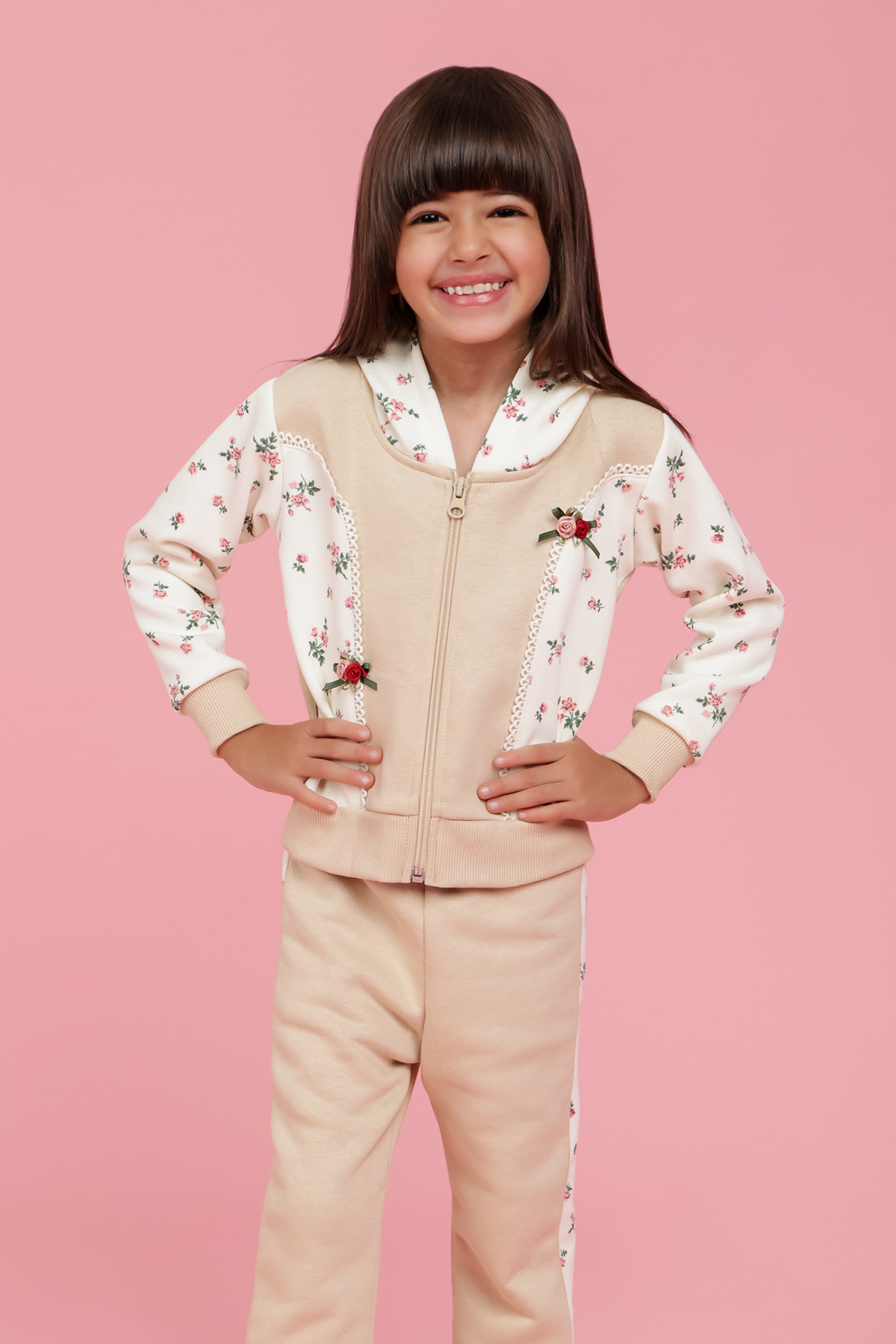 Floral printed beige and cream tracksuit