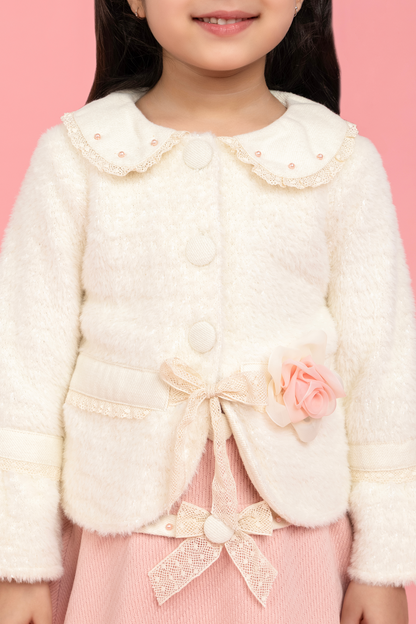 Formal buttoned top with baby pink skirt