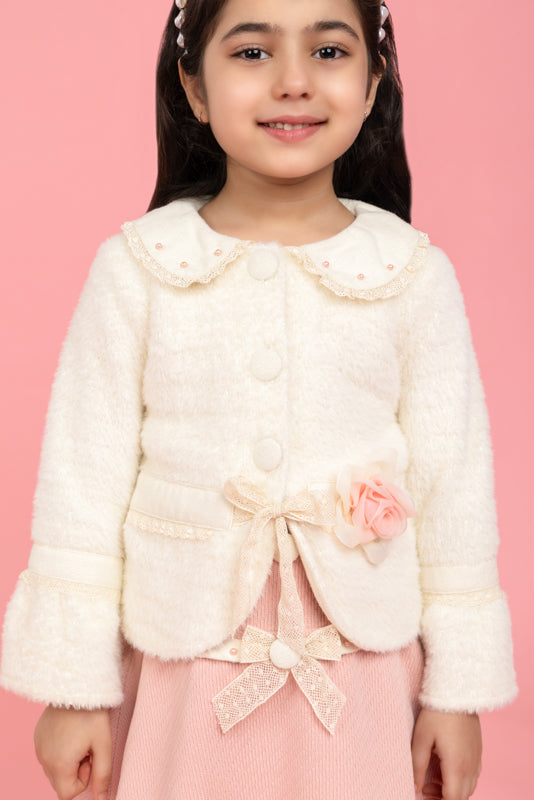 Formal buttoned top with baby pink skirt