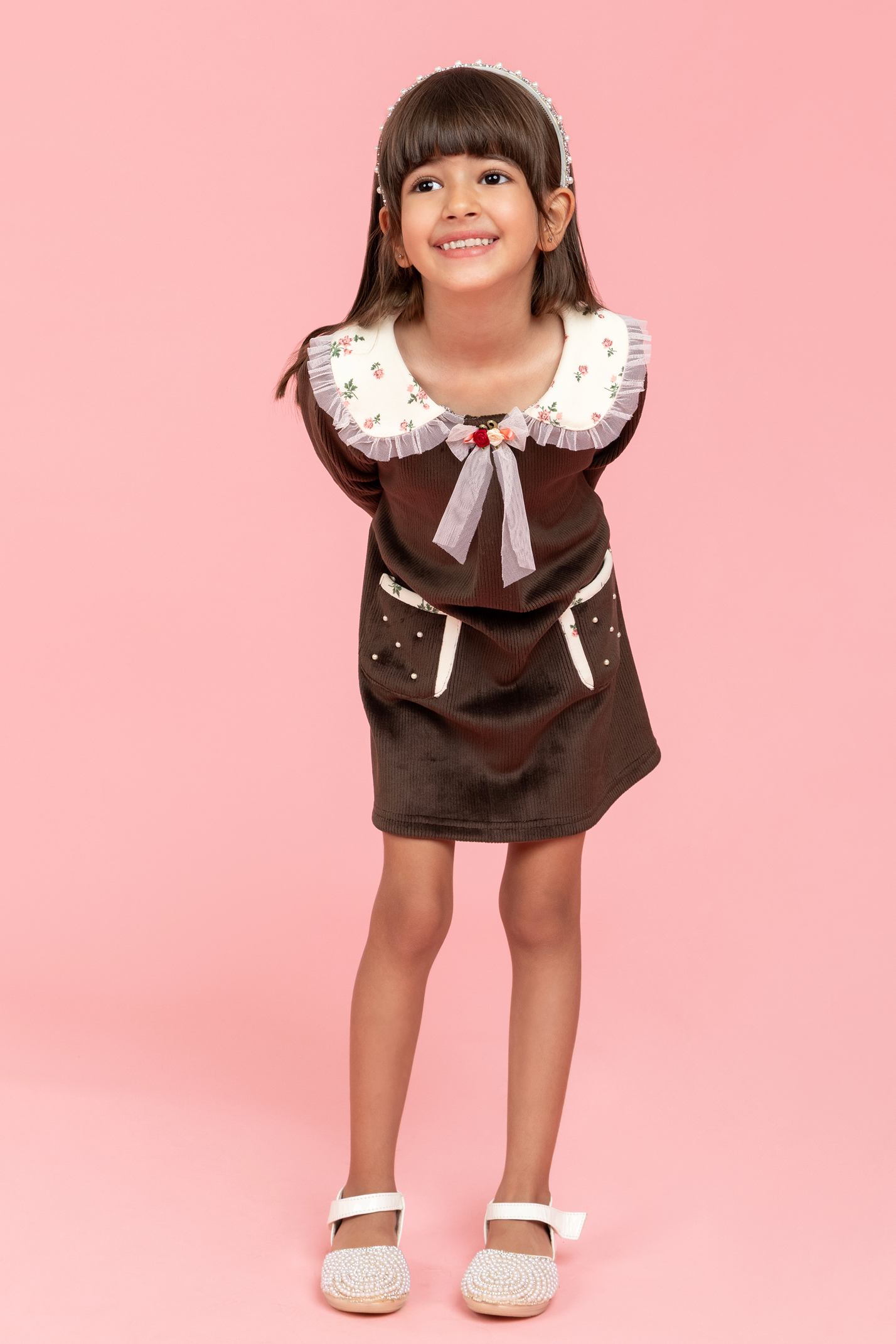 Brown dress with floral print detailing