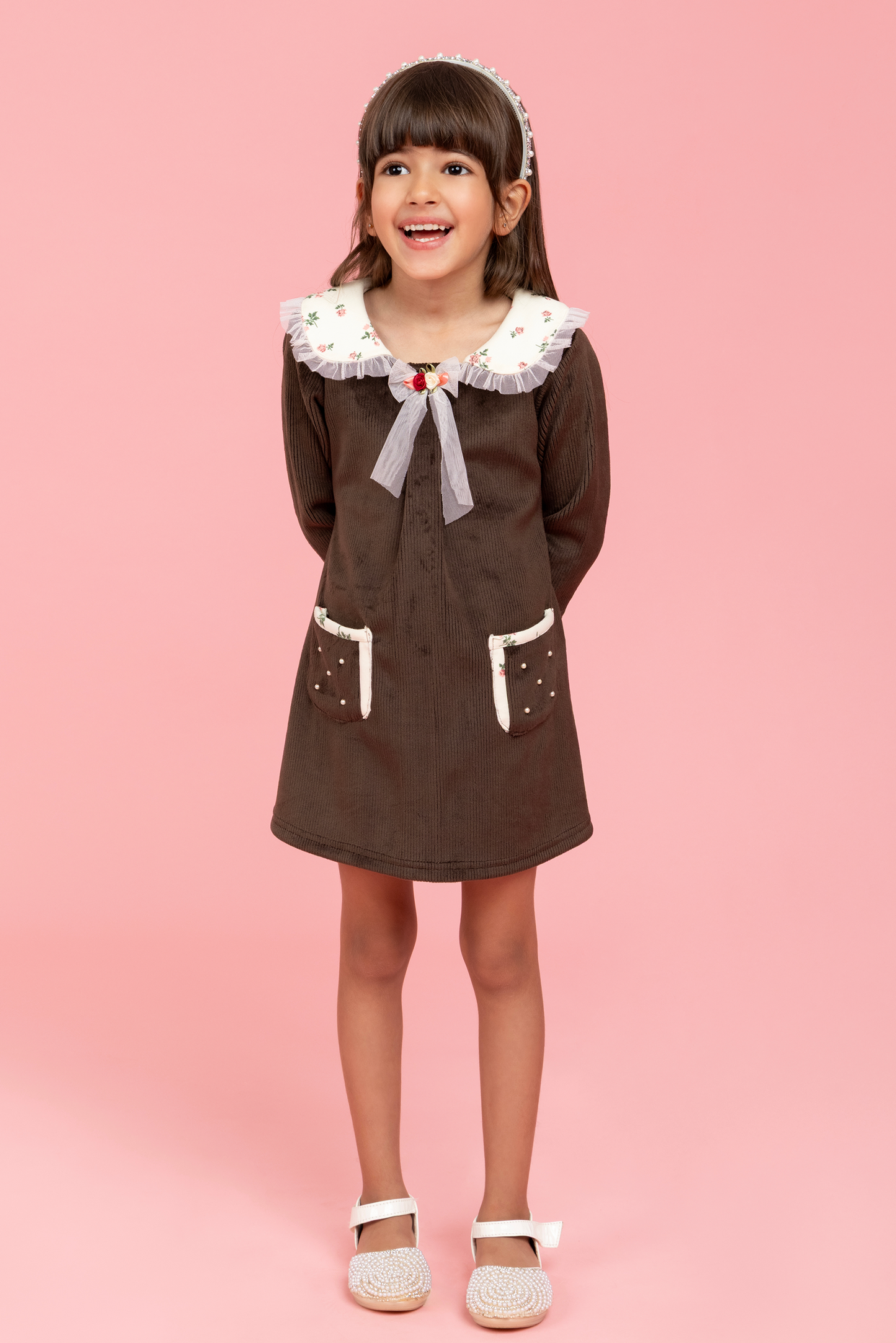 Brown dress with floral print detailing