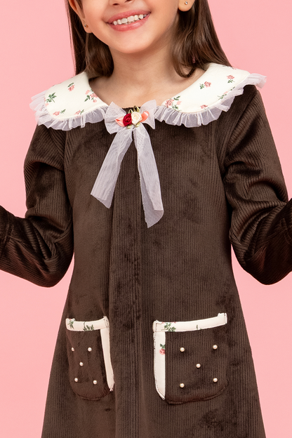 Brown dress with floral print detailing