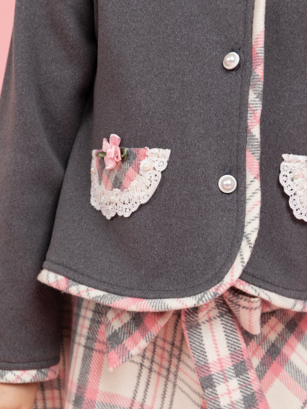 Grey buttoned top with checkered skirt