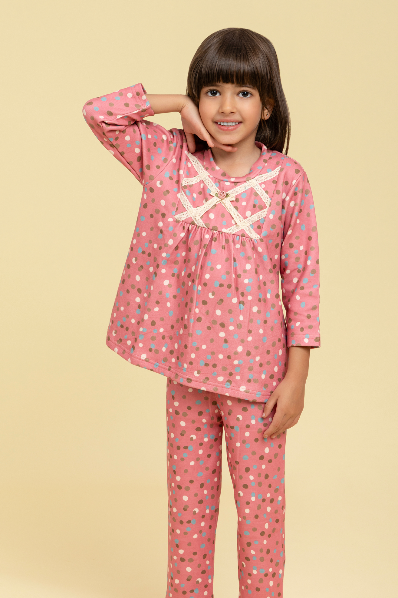 Polka dot nightsuit with lace detail