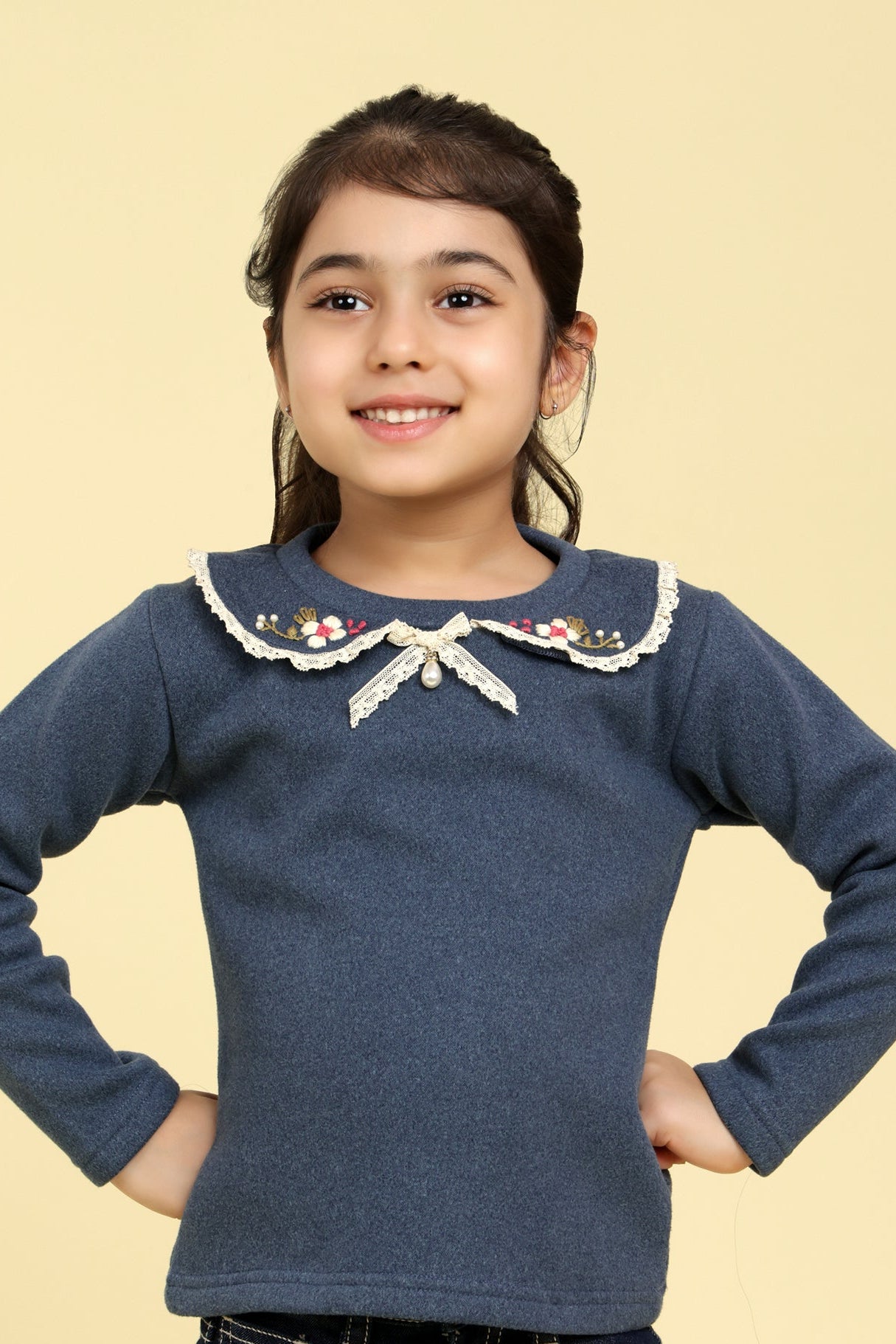 Navy top with embroidered collar