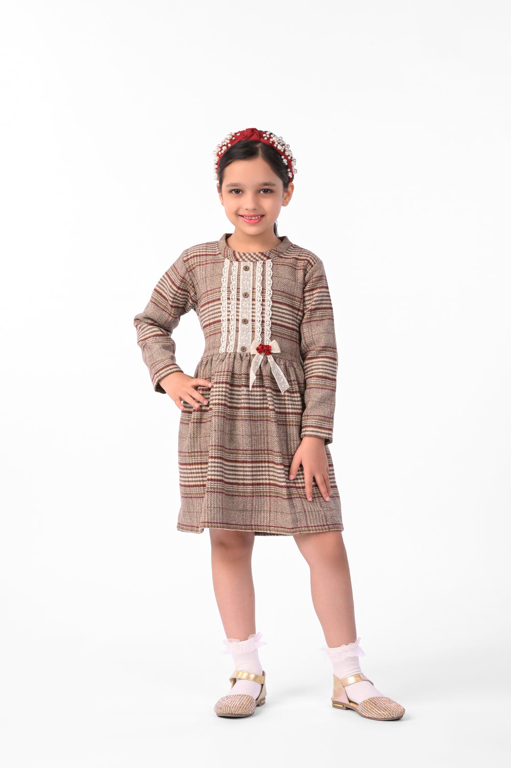 Beige and Maroon Check Dress in Tweed with Lace Detail for Girls | Winter Dress